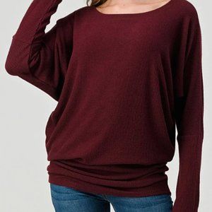 Burgundy Batwing Marled Knit Long Sleeve